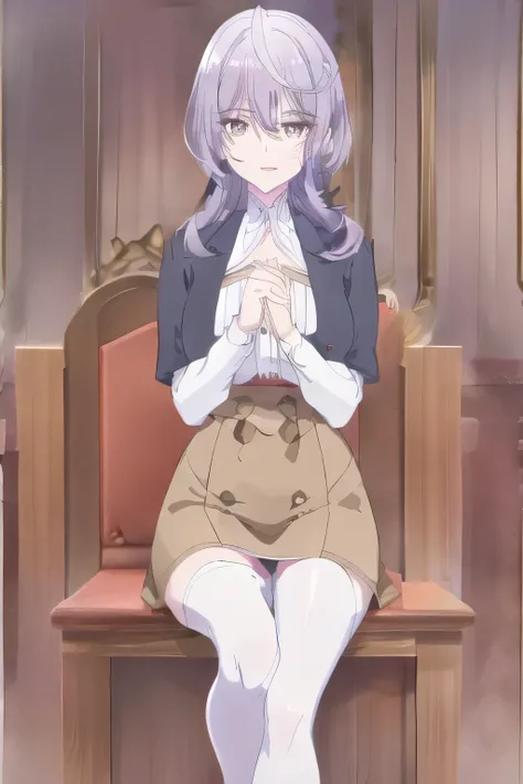  A woman with a lovely smileを描けますか， Can you draw a woman sitting on a chair，Legs open，I see my black panties，，A woman with a lovely smile，（brown hairショート）brown hair，Please draw an office lady， dark blue suit ，white blouse，dark blue tight miniskirt with cri...