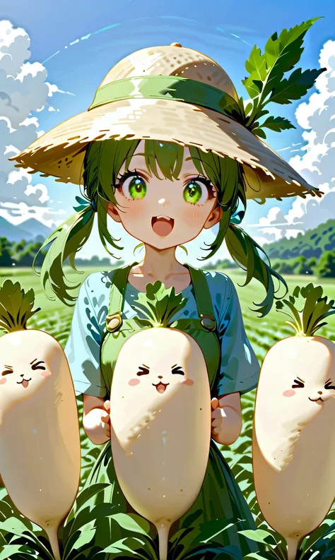 DKG , cute, small characters, (( Daikon Leaves Grow))Straw Hat, Green Twin Tails . , mouth, surprised:1.2, Beautiful Blue Skies, daikon field background .