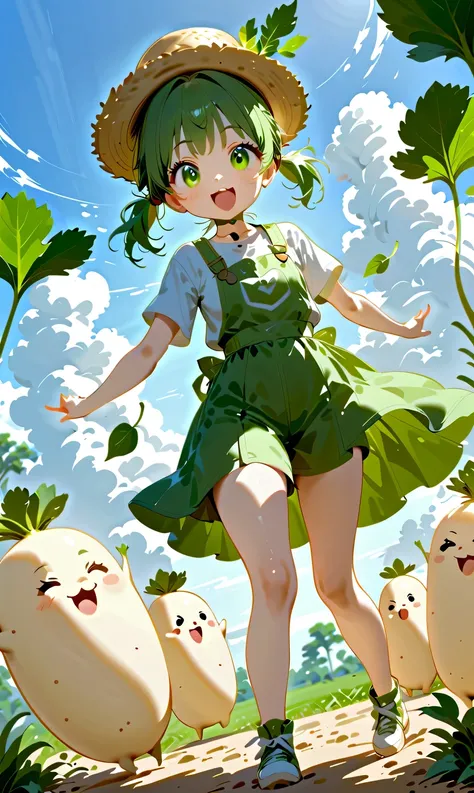 DKG , cute, small characters, (( Daikon Leaves Grow))Straw Hat, Green Twin Tails . , mouth, surprised:1.2, Beautiful Blue Skies, daikon field background .