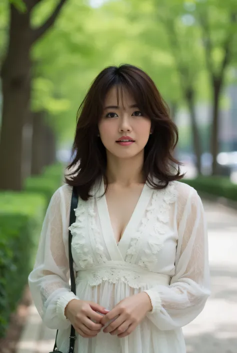 Realistic image,big city park ,(((I'm wearing a cute white blouse ))),bust up,Sayaka 