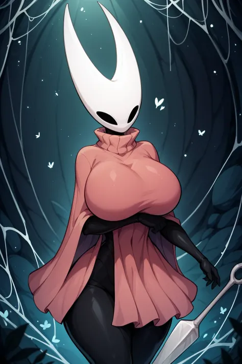 Score_9, Score_8, Score_7, Hornet from Hollow Knight, Female, Furry, Anthropomorphic, Petite, Hourglass Figure, White Head, Two Horns, Black Body, Insectoid, Red Cloak, Long Cloak, Cloak Covering Body, In A Cave, Dark Cave Background, Huge Breasts, Large B...