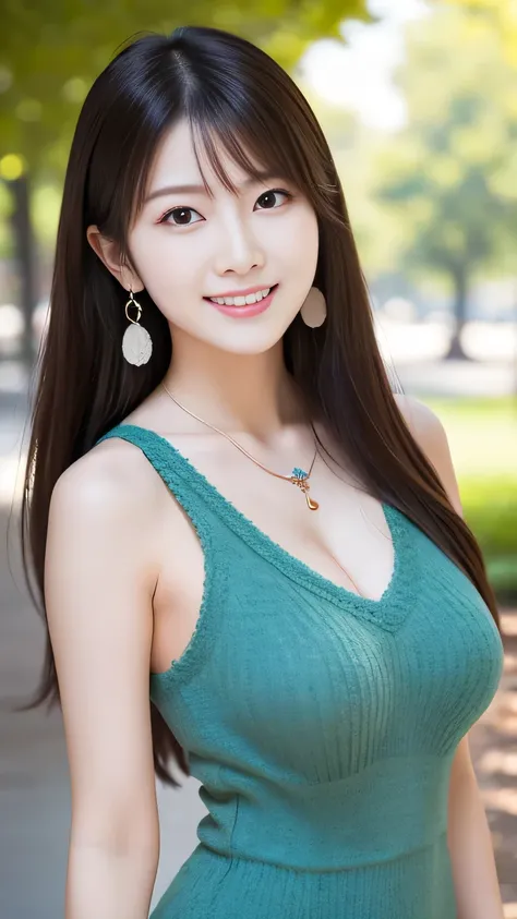anatomically correct 5 fingers　 beautiful Korean woman in front of the machine　straight hair　earrings　thin necklace　big boobs　Sensual Body　Sleeveless Knitted Dress　looking at camera　cute charming smile　In the shade of a park