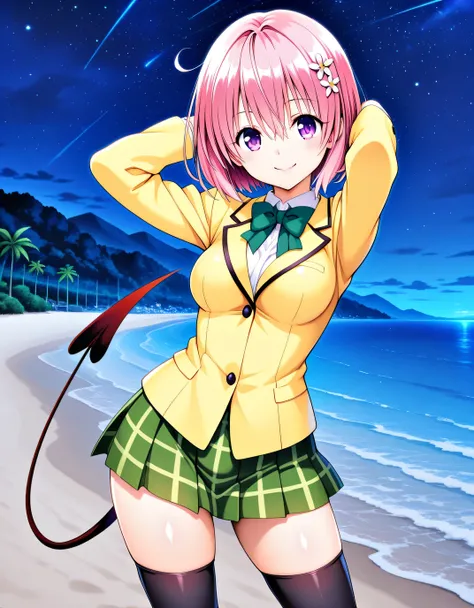 aamomo, short hair, pink hair, hair flower, purple eyes, medium breasts, demon tail, school uniform, green bowtie, white shirt, blazer, yellow jacket, long sleeves, plaid skirt, green skirt, black thighhighs, anime screencap, shiny skin, high quality, solo...