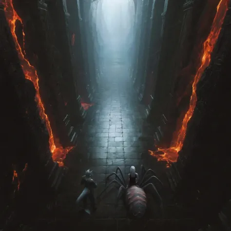 There is a dark and atmospheric, corridor ahead, surrounded by towering, stone columns that exude the ancient and ominous presence of. Fiery orange lava spills out of cracks in the columns, casting a sharp, dramatic contrast with the cool, shady tones of s...