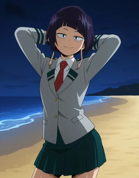 illujiro, short hair, bangs, long earlobes, purple hair, black hair, black eyes,
u.a. school uniform, red necktie, jacket, pleated skirt, anime screencap, shiny skin, high quality, solo, night sky, beach, hands behind head, ((contrapposto)), closed mouth, ...