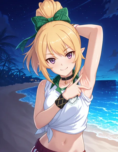 chloefesPCR, long hair, blonde hair, navel, bare shoulders, purple eyes, collarbone, white shirt, ponytail, hair bow, sleeveless, pointy ears, collared shirt, sleeveless shirt, black choker, high ponytail, wristband, green bow, sleeves rolled up, gym unifo...