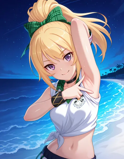 chloefesPCR, long hair, blonde hair, navel, bare shoulders, purple eyes, collarbone, white shirt, ponytail, hair bow, sleeveless, pointy ears, collared shirt, sleeveless shirt, black choker, high ponytail, wristband, green bow, sleeves rolled up, gym unifo...