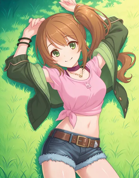 chloerealPCR, long hair, brown hair, long sleeves, navel, jewelry, green eyes, collarbone, open clothes, choker, midriff, necklace, off shoulder, side ponytail, open jacket, crop top, short shorts, denim shorts, pink shirt, green jacket, brown belt, tied s...