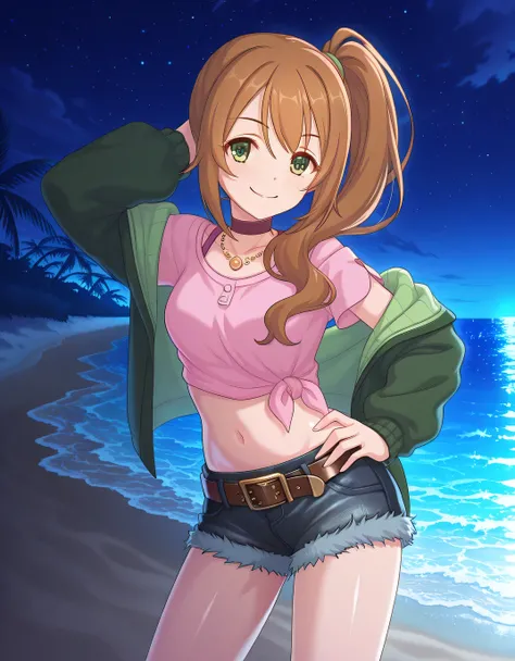 chloerealPCR, long hair, brown hair, long sleeves, navel, jewelry, green eyes, collarbone, open clothes, choker, midriff, necklace, off shoulder, side ponytail, open jacket, crop top, short shorts, denim shorts, pink shirt, green jacket, brown belt, tied s...