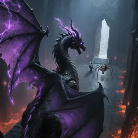 } A huge black dragon with bright purple accents stands ominously on a stone platform, , , its huge wings, decorated with crackling with the purple energy, radiating an otherworldly glow. The scene unfolds in the dark, of the cavernous hall illuminated by ...