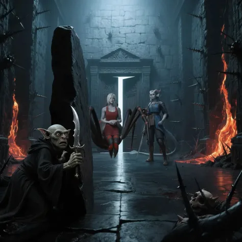 In the darkness of the villain's gloomy lair, with a hunch, lit from the doorway in the center, passing through narrow gaps, , a tense scene unfolds. At the center is Gwendoline Arachne, a creature with a human upper body and spider-like legs, in red attir...