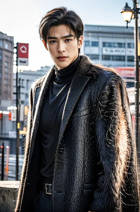 A 25-year-old Asian man, Thick eyebrows, Melon seed face, Handsome face, Men's full body, The background city night street view, Time is night, Deep blue sky, A full moon, his skin is fair, He is slender, the limbs have pronounced muscle lines, high-defini...
