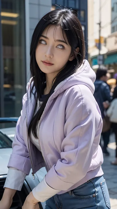 Close-up portrait of a beautiful real-life woman resembling Hyuga Hinata from Naruto Shippuden, with long dark indigo hair styled exactly like in the anime, pale lavender eyes without pupils, and a gentle, shy smile. She is wearing her detailed anime outfi...