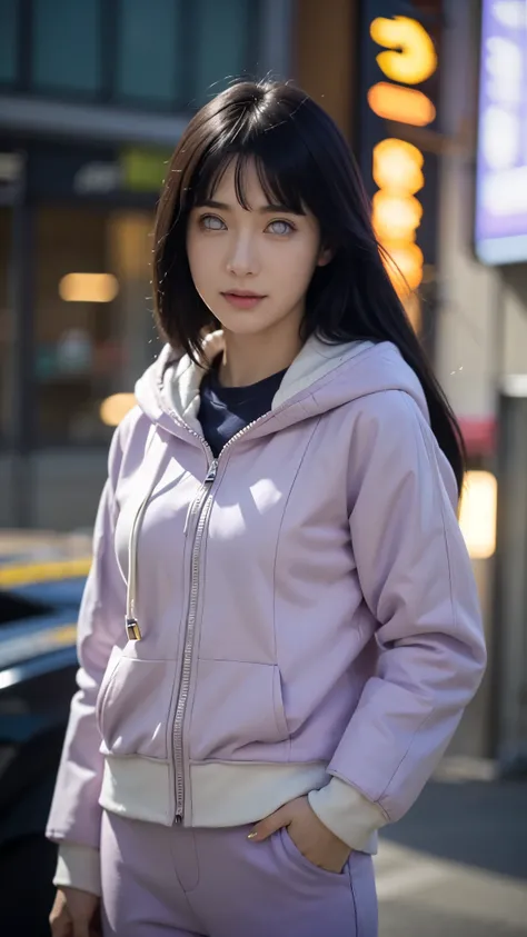 Close-up portrait of a beautiful real-life woman resembling Hyuga Hinata from Naruto Shippuden, with long dark indigo hair styled exactly like in the anime, pale lavender eyes without pupils, and a gentle, shy smile. She is wearing her detailed anime outfi...
