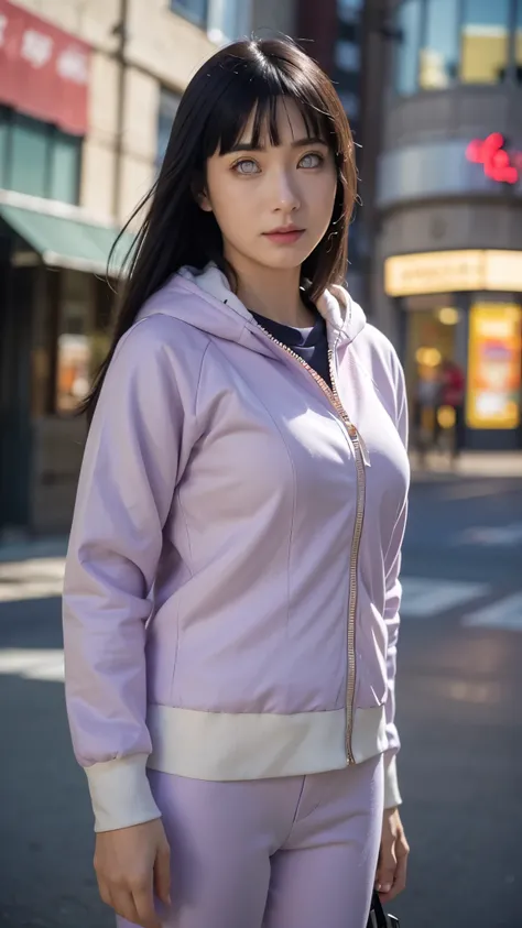 Close-up portrait of a beautiful real-life woman resembling Hyuga Hinata from Naruto Shippuden, with long dark indigo hair styled exactly like in the anime, pale lavender eyes without pupils, and a gentle, shy smile. She is wearing her detailed anime outfi...
