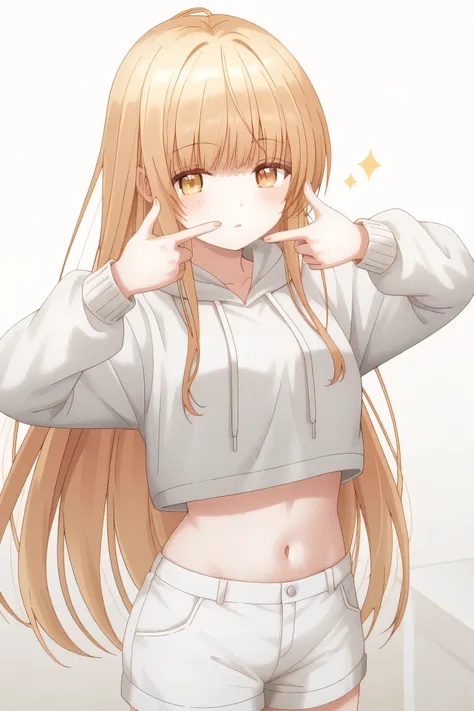 Mahiru Shiina: cropped hoodie, white shorts, finger frame
