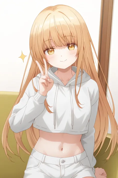   Mahiru Shiina: cropped hoodie, white shorts, One hand pose forms a V sign next to the face, cheerful expression and full of energy