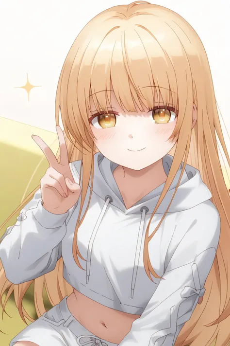   Mahiru Shiina: cropped hoodie, white shorts, One hand pose forms a V sign next to the face, cheerful expression and full of energy