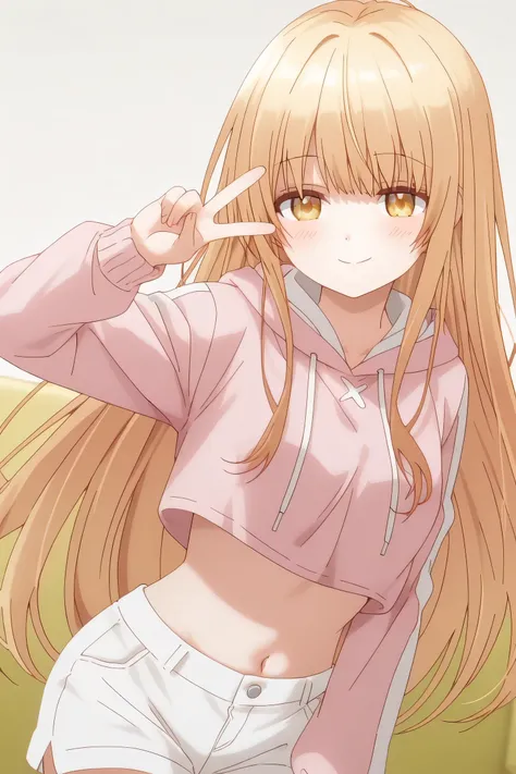   Mahiru Shiina: cropped hoodie, white shorts, One hand pose forms a V sign next to the face, cheerful expression and full of energy