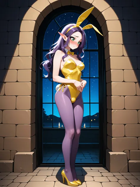 masterpiece, high quality, woman, full body, standing, hands covering self, purple hair, long hair, wavy hair, embarrassed, blushing, green eyes, dark eyeliner, long eyelashes, long elf ears, exotic skin, medium bust, (bulge), beautiful, wearing yellow bun...