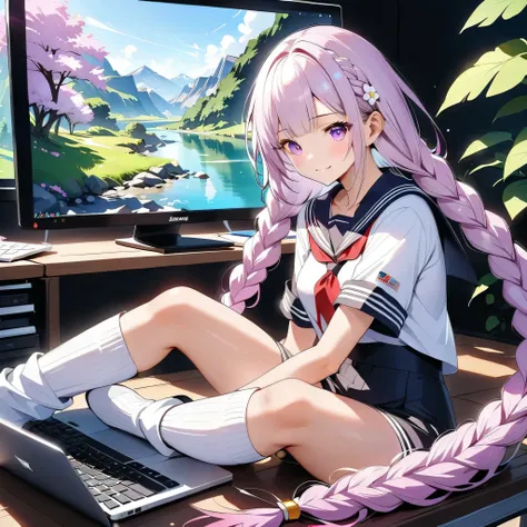 score_9,score_8,score_7,winning work、1girl,(purple and milky white gradient hair color、two braids、long hair)、(sailor suit、loose socks、loafers)、pretty face、face、Best Smile、(((top quality、Supreme Masterpiece、Super Detailed、high definition、CG、HHD、32K)))、(((in...