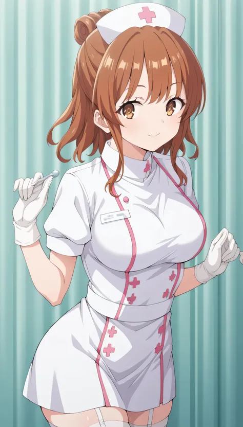 Score_9, score_8_up, score_7_up, source_anime, moeko sekine, solo, brown hair, brown eyes, single hair bun, sidelocks, (best quality), (high quality), {masterpiece}, extremely delicate and beautiful, ultra-detailed, beautiful detailed eyes, nurse, nurse ha...