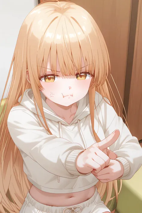   Mahiru Shiina otonari no tenshi same: cropped hoodie, white shorts, Hands pointing towards viwers, annoyed face and bulging cheeks, ekspresi marah imut (puffed cheeks)