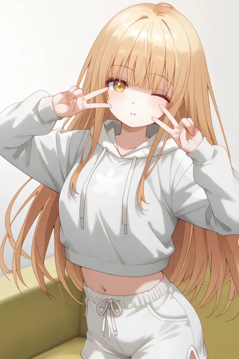 Mahiru Shiina: cropped hoodie, white shorts, Pose peace sign in front of face, satu mata berkedip (wink), a coy but seductive expression