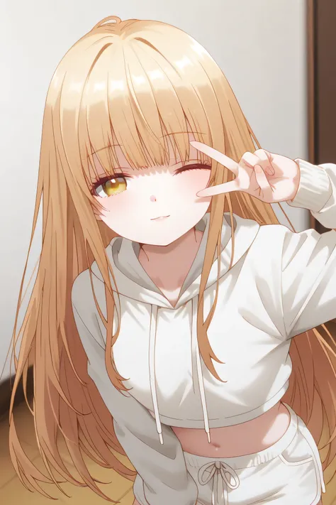 Mahiru Shiina: cropped hoodie, white shorts, Pose peace sign in front of face, satu mata berkedip (wink), a coy but seductive expression