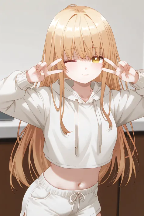 Mahiru Shiina: cropped hoodie, white shorts, Pose peace sign in front of face, satu mata berkedip (wink), a coy but seductive expression