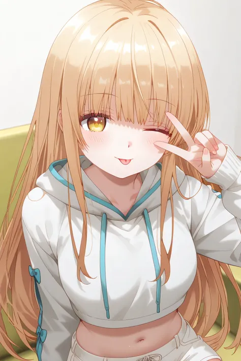 Mahiru Shiina: cropped hoodie, white shorts, making a V sign with fingers near eye, one eye winking, tongue out, mischievous and teasing expression