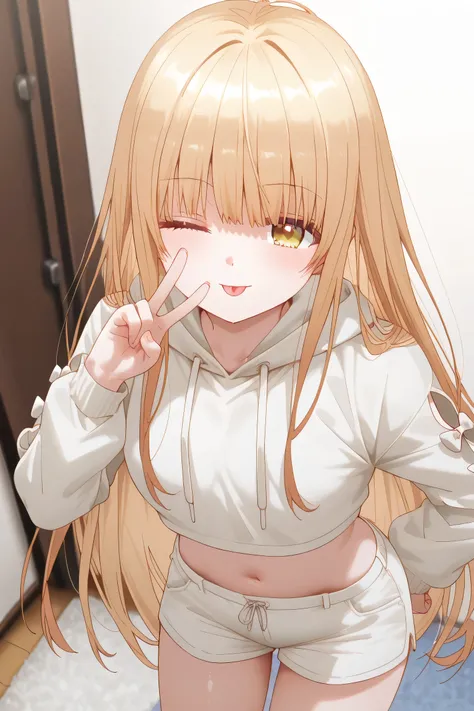 Mahiru Shiina: cropped hoodie, white shorts, making a V sign with fingers near eye, one eye winking, tongue out, mischievous and teasing expression