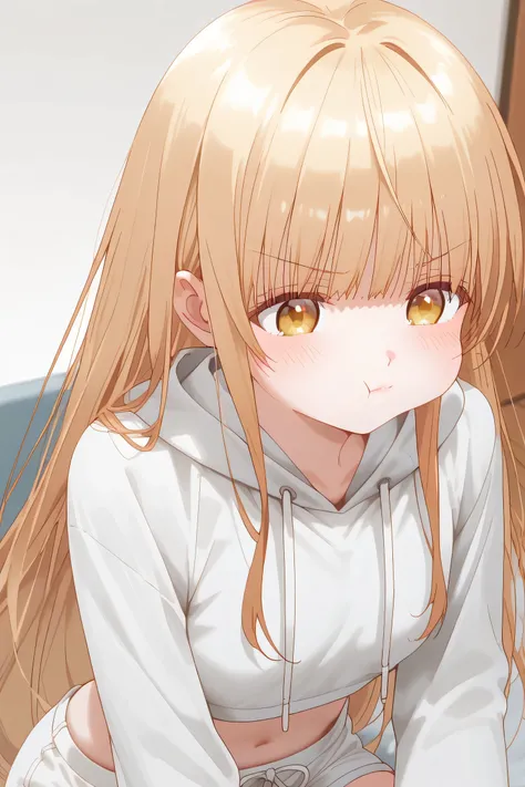 Mahiru Shiina: cropped hoodie, white shorts, Cheek Puff / Puffing Cheeks