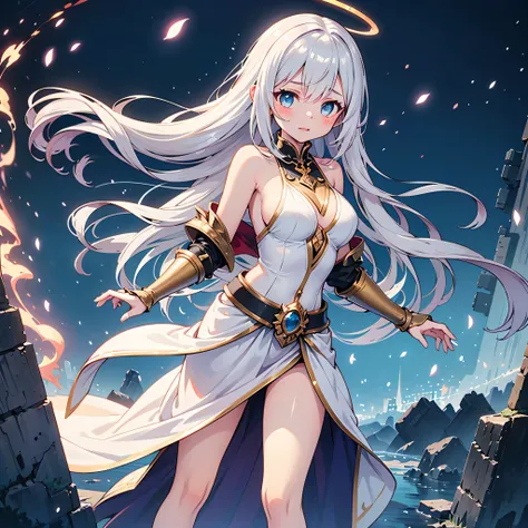 masterpiece, best quality, flugel enchantress girl, translucent white magical dress with gold trim, sideboob exposed through spellbound gaps in fabric, floating spellbook glowing, wings partially open with arcane light, golden halo, teasing look, long silv...