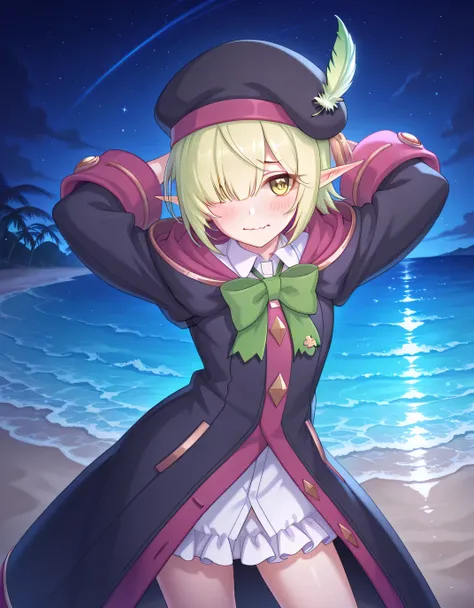 
pcraoi, short hair, elf, light green hair, pointy ears, green eyes, hair over one eye, pcaoaka, st. theresa's girls academy school uniform, hat feather, black headwear, beret, hooded coat, black coat, green bow, four-leaf clover ornament, clover, shirt, c...