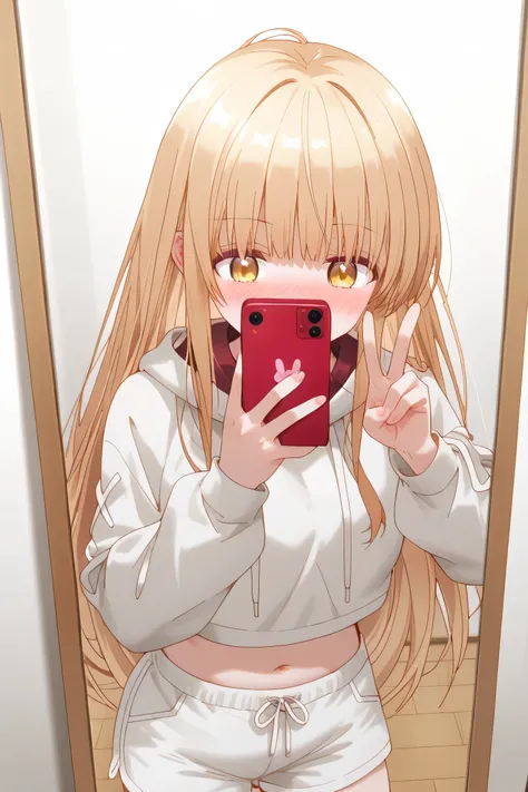Mahiru Shiina: cropped hoodie, white shorts, taking selfie, holding smartphone in one hand, making a v-sign, mirror selfie style , blushing