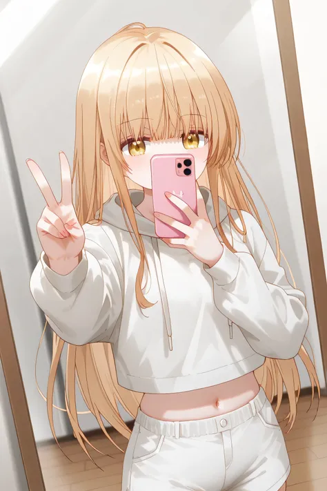Mahiru Shiina: cropped hoodie, white shorts, taking selfie, holding smartphone in one hand, making a v-sign, mirror selfie style  