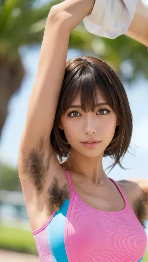 Sexy Big 、 cute beautiful girl with a sexy and cute look and strong texture , beautiful and sexy face、 strong wind, your bangs will wind 、 beautiful , hide cute and sexy eyes with long bangs 、(Raise Both Arms)、( armpit hair:1.5)、( armpit h...