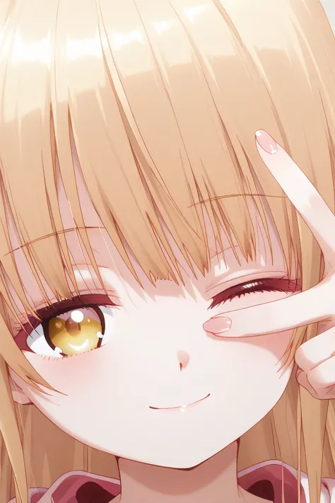 Mahiru Shiina: cropped hoodie, white shorts, Cute anime girl with straight long hair, winking with one eye closed, making a V-sign (peace sign) with fingers over her open eye, smiling gently, wearing cozy clothes, soft pastel lighting, close-up portrait st...