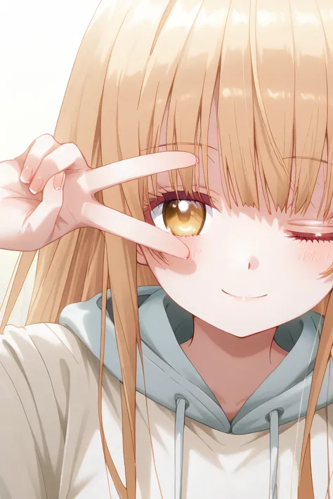 Mahiru Shiina: cropped hoodie, white shorts, Cute anime girl with straight long hair, winking with one eye closed, making a V-sign (peace sign) with fingers over her open eye, smiling gently, wearing cozy clothes, soft pastel lighting, close-up portrait st...