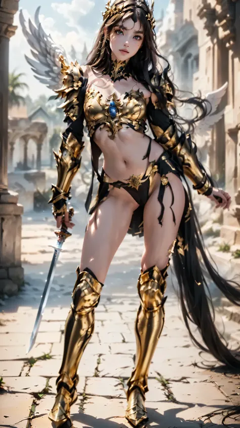  Arafed woman in golden armor with a sword, Angelic Golden Armor  , angel knight girl,   Knights of the Zodiac, angel in plastic armor, wearing golden armor, garota de armadura, wearing golden armor, armadura dourada, golden armor,  , lady palutena,  in kn...