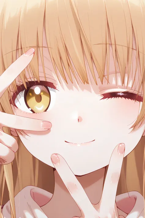 Mahiru Shiina: cropped hoodie, white shorts, Cute anime girl with straight long hair, winking with one eye closed, making a V-sign (peace sign) with fingers over her open eye, smiling gently, wearing cozy clothes, soft pastel lighting, close-up portrait st...