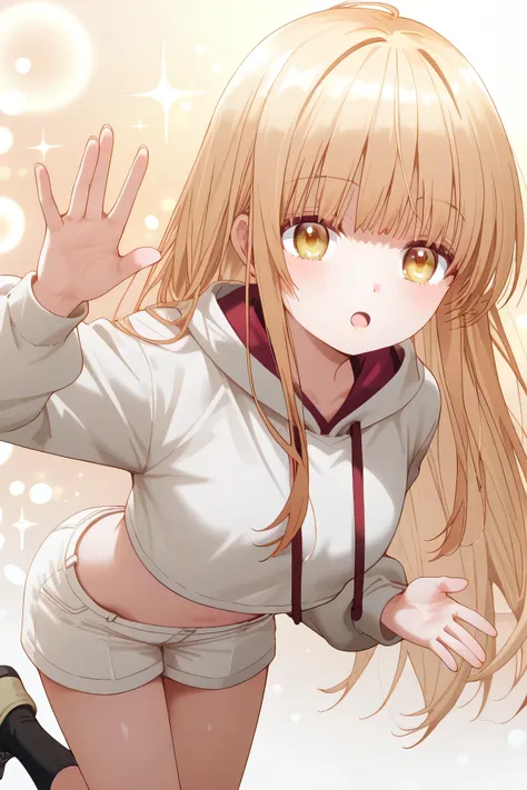 Mahiru Shiina: cropped hoodie, white shorts, arms outstretched, tilted torso, open hand gesture, leaning forward, one leg raised, pink gradient background, sparkles, bokeh effect, flowers, soft lighting
open mouth