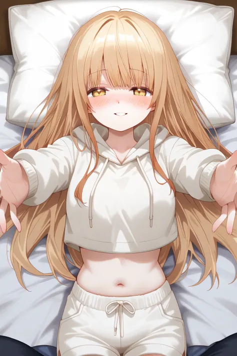 Mahiru Shiina: cropped hoodie, white shorts,  reaching towards viewer on back, lying, outstretched arms, looking at viewer, parted lips, blush, torogao, reaching towards viewer, on back, on bed, pillow, lingerie, cowboy shot, smile