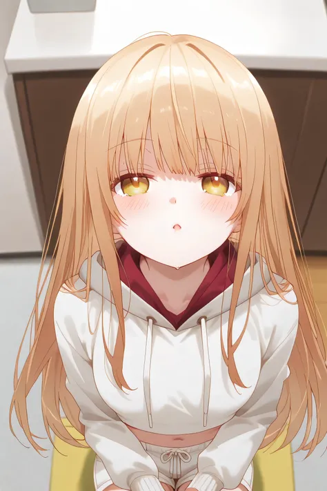 Mahiru Shiina: cropped hoodie, white shorts, incoming kiss