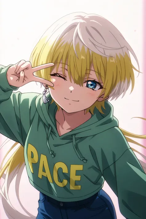 tenka izumo, solo girl, Anime style, short hair, multicolored hair, white hair, blonde hair, blue eyes, hair between eyes, single earring, green cropped hoodie, blue shorts, Cute anime girl with straight long hair, winking with one eye closed, making a V-s...