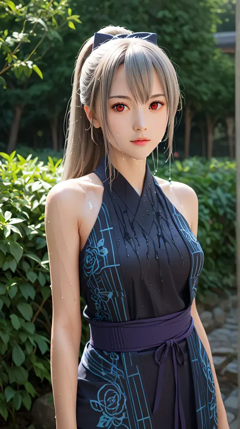 1girl, solo,eydish,red eyes,gray hair,long hair,outdoors,potrait,medium breast,(half body:1.4),(bare shoulders:1.5),front view,standing,navel,garden background,looking at viewer,(potrait:1.4),(sleeveless kimono:1.5), ponytail,wear stockings,(wet body:1.5)