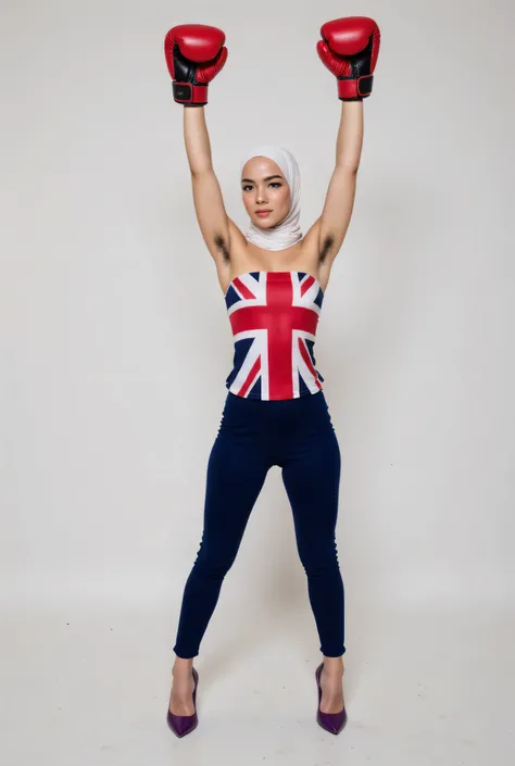 purple highheels ,front view, Malaysian hijab-wearing mother. (Wearings British flag top strapless ). BOTH SIDES HANDS IN STRAIGHT UP LIFT WEARING BOXING GLOVE , hairy Arm pit 