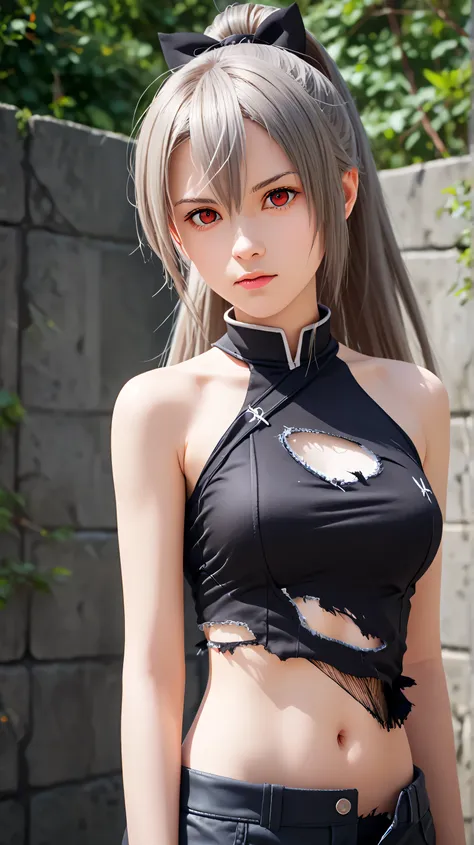 1girl, solo,eydish,red eyes,gray hair,long hair,outdoors,potrait,medium breast,(half body:1.4),(bare shoulders:1.5),front view,standing,navel,battlefield background,looking at viewer,(potrait:1.4),(torn clothes:1.3), ponytail