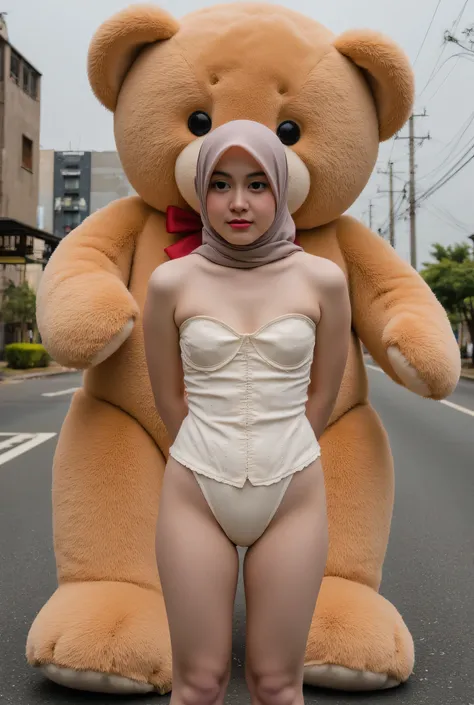 MALAY SCARF HIJAB GIRL WEARING STRAPLESS CORSET AND THONG G-STRING, (realistic, photo-realistic:1.4), (1 FUTUNARI), hand on hips, ((Flat Chest)), ((TEARS)). KEDUA BELAH TANGAN DILETAK DIBELAKANG PUNGGUNG' Futanari long erect penis, background Di tengah Kot...